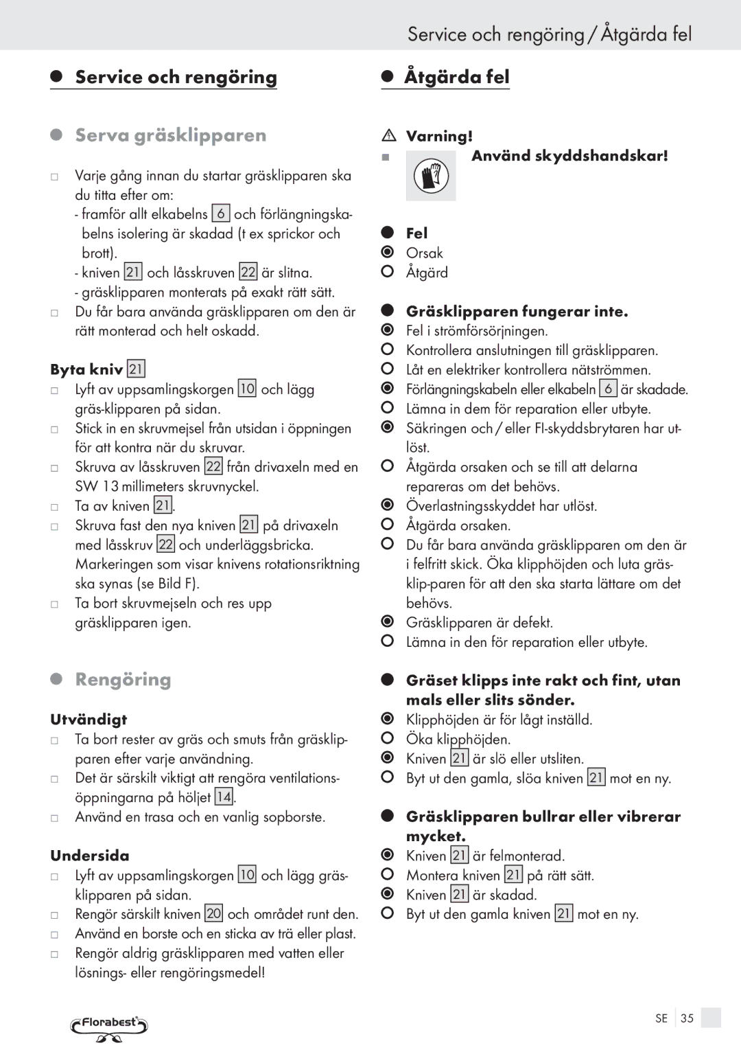 Kompernass FSM R1 manual Service och rengöring / Åtgärda fel, Serva gräsklipparen, Rengöring 